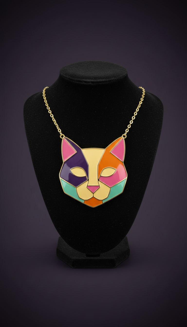 Enamel Cat-Head Statement Necklace